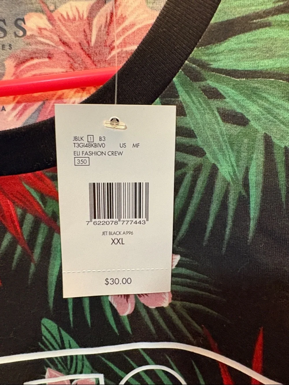 Guess Men’s Black Tropical Floral Tee with Red & Pink Flowers - Picture 3 of 3